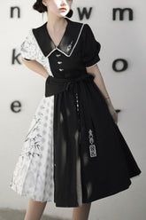 Black/White Stitching Chinese Style Bamboo Print High Waisted Sweet Lolita Dress